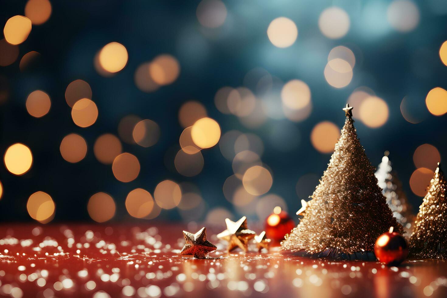 hermosa Encendiendo y bokeh antecedentes para Navidad pino árbol y rojo estrella, pelotas y regalo cajas decoración en Clásico de madera piso. ai generado foto