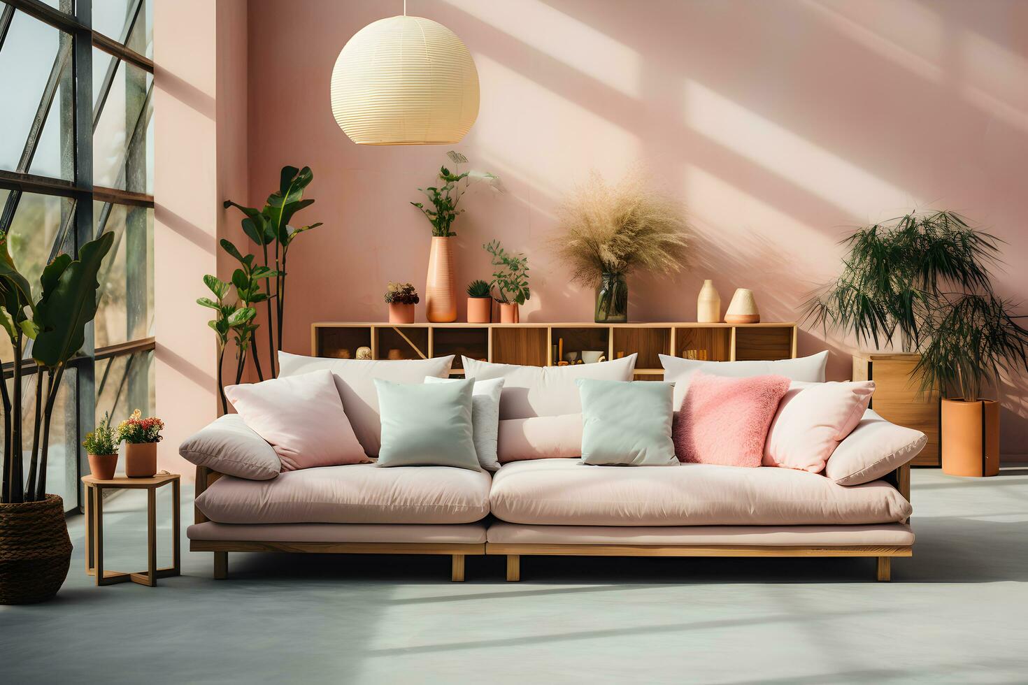 Luxurious pink and green pastel wall color in living room for interior design. Home and hotel colorful decoration idea design. AI Generated photo