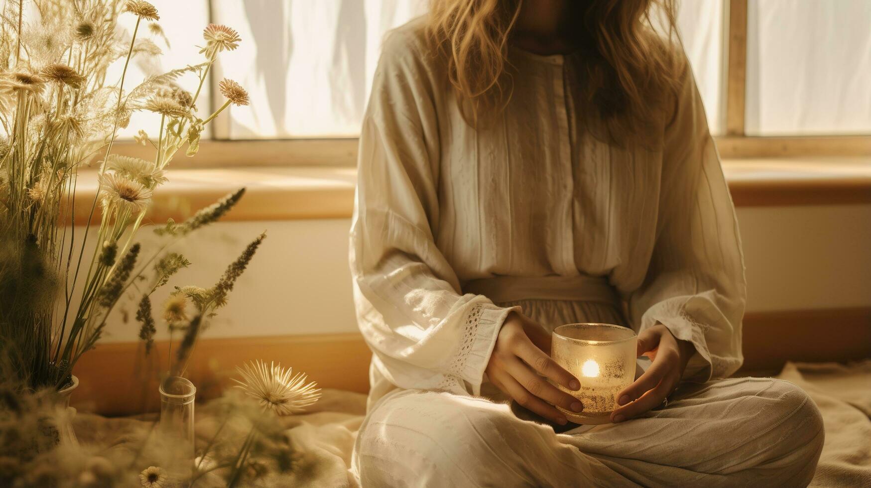 Generative AI, woman doing meditation, aesthetic muted beige colors photo