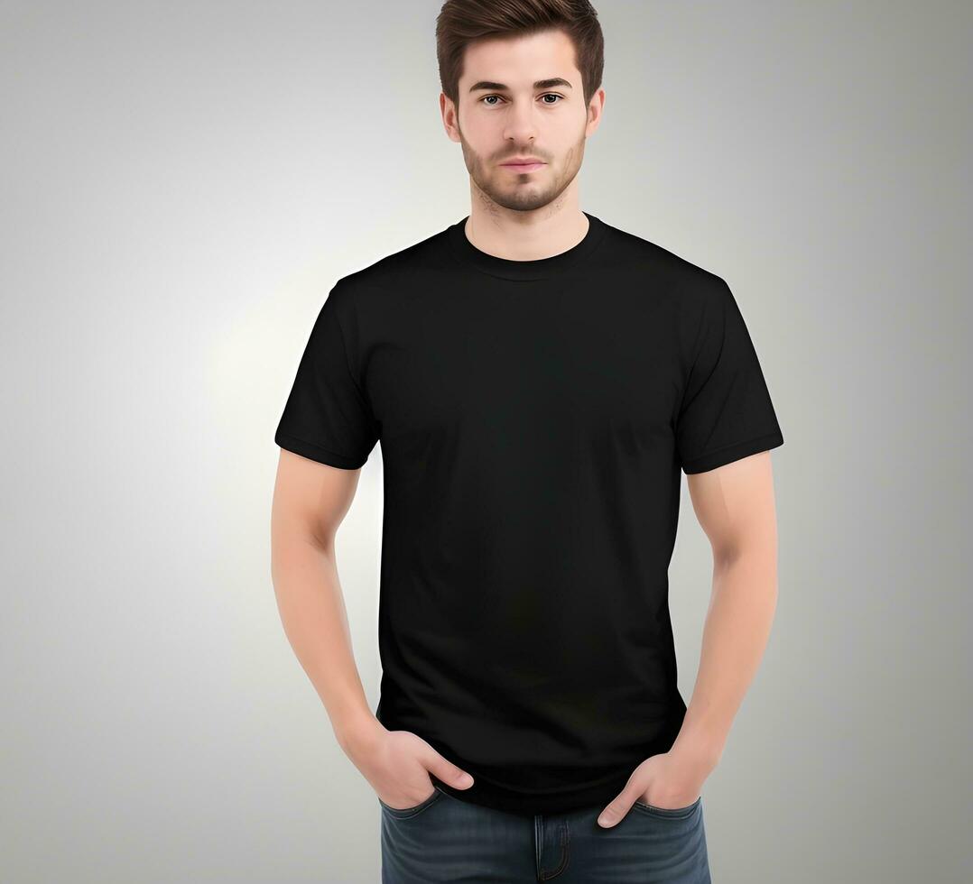 Young man wearing blank black t shirt mockup print presentation mockup ai generate photo