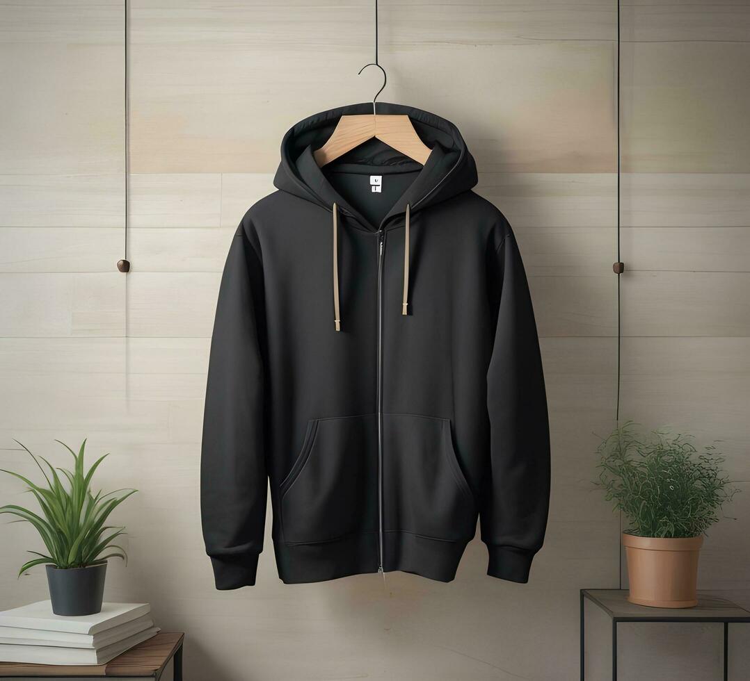 Hanging black hoodie Mockup With brick Background ai generate photo