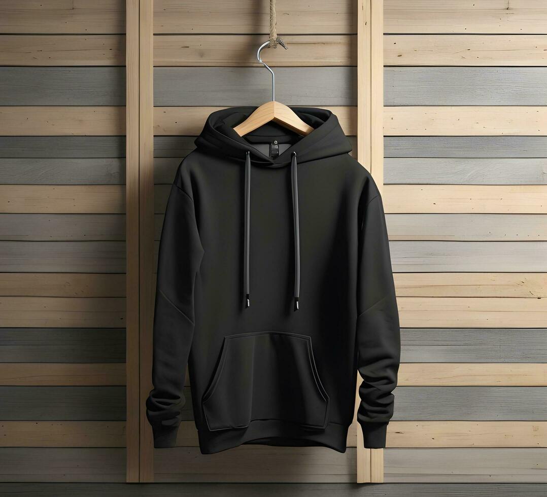 Hanging black hoodie Mockup With brick Background ai generate photo
