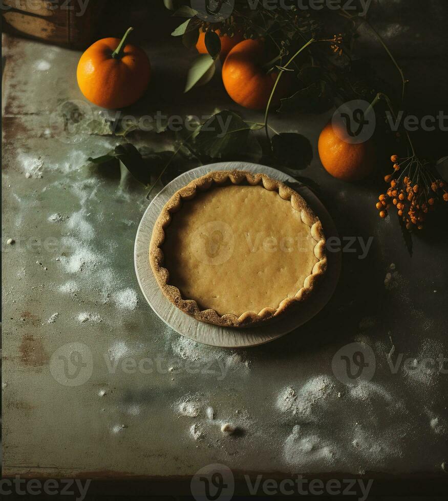 Generative AI, Homemade american traditional pumpkin pie preparing process, aesthetic muted colors photo