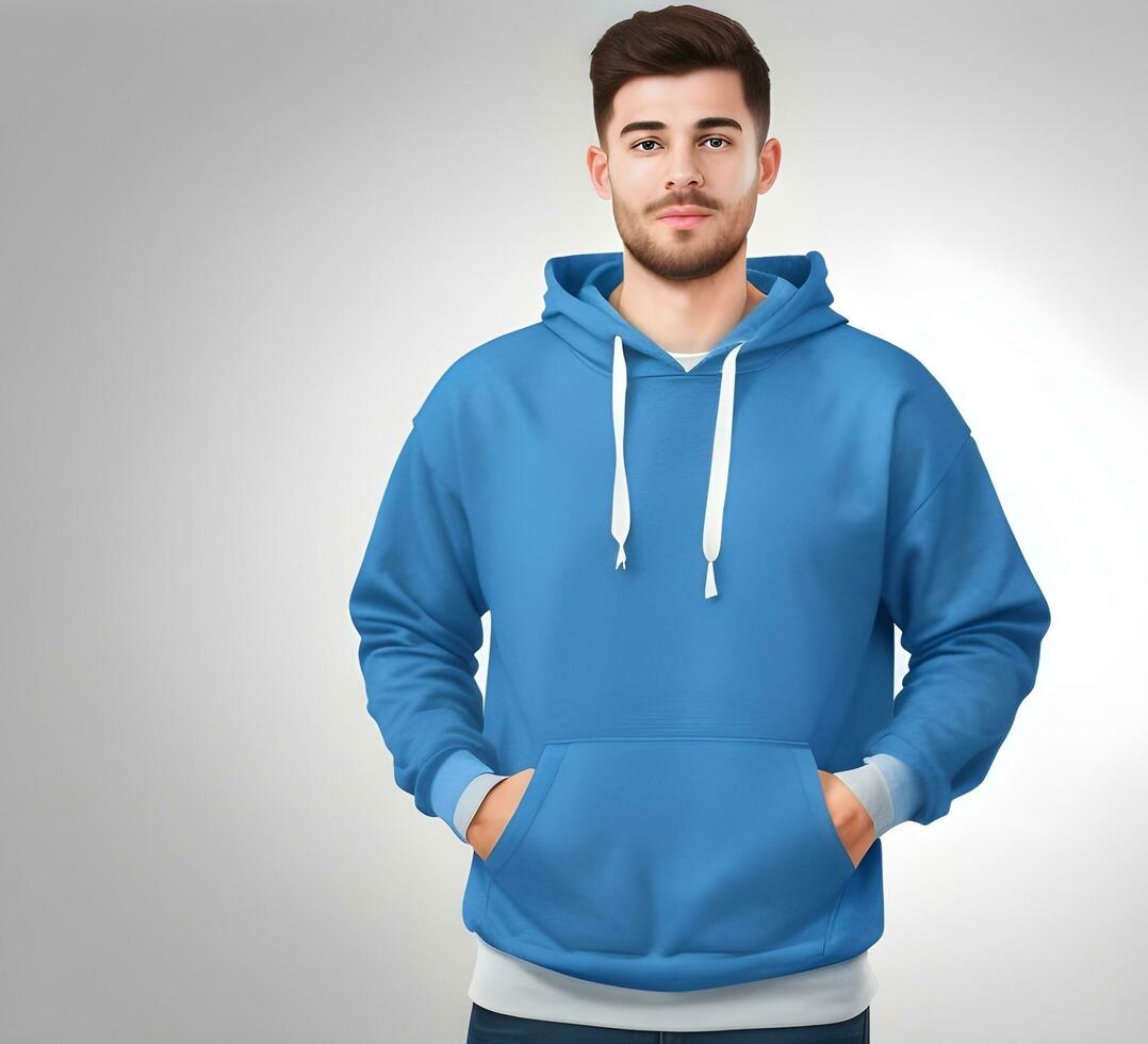 Young man wearing blank blue hoodie mockup print presentation mockup ai generate photo