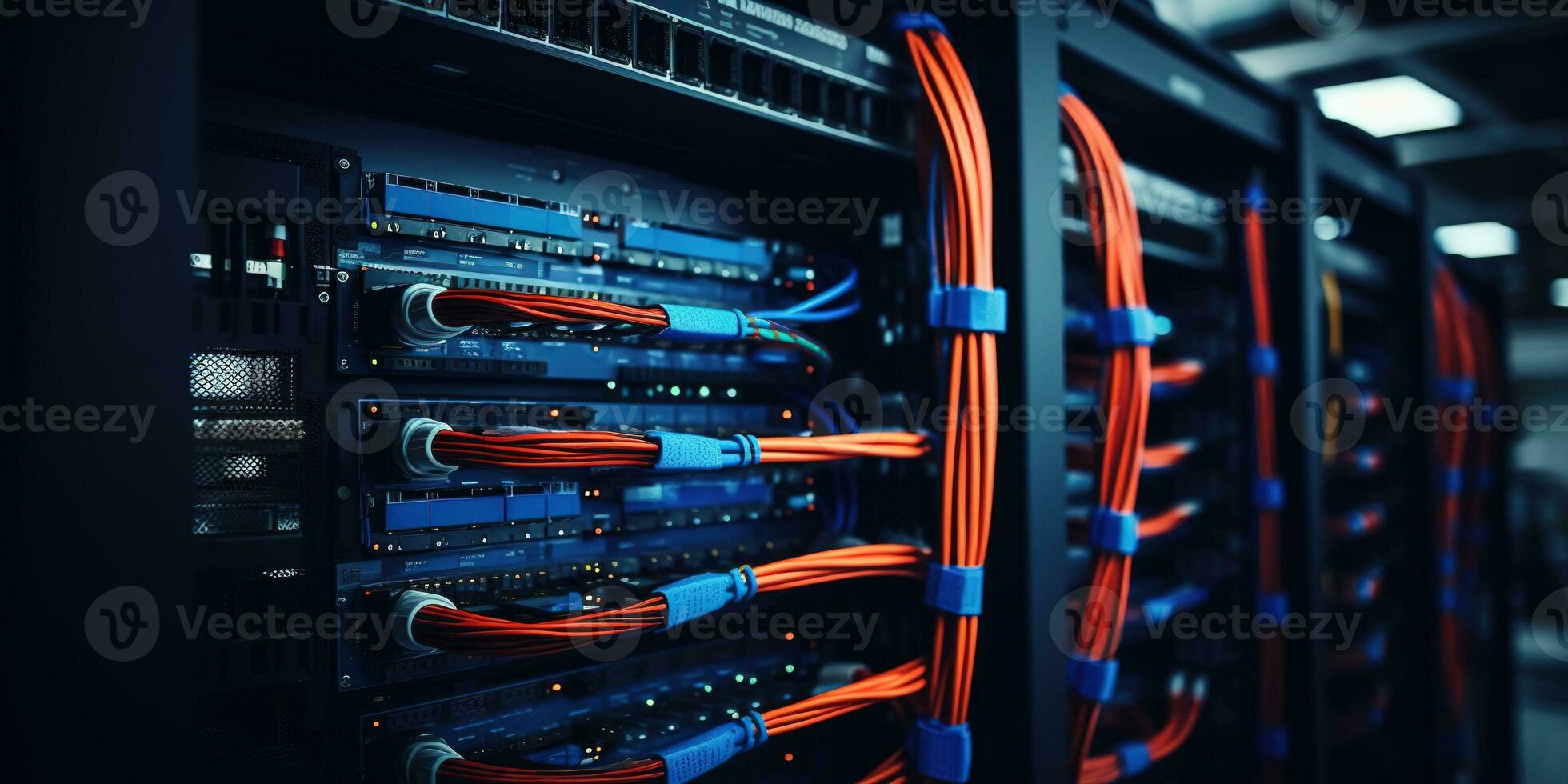 Generative AI, Closeup shot of networking cable in the server room, server rack with fiber optic cables photo