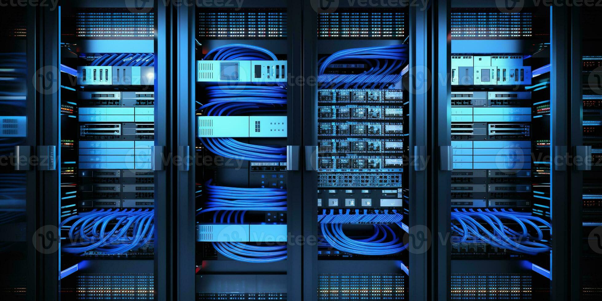 Generative AI, Closeup shot of networking cable in the server room, server rack with fiber optic cables photo