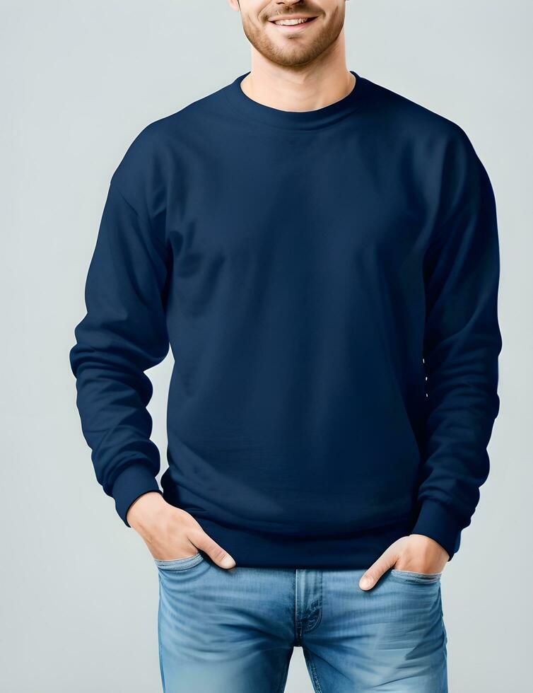 Young man wearing blank light navy sweater mockup print presentation mockup ai generate photo