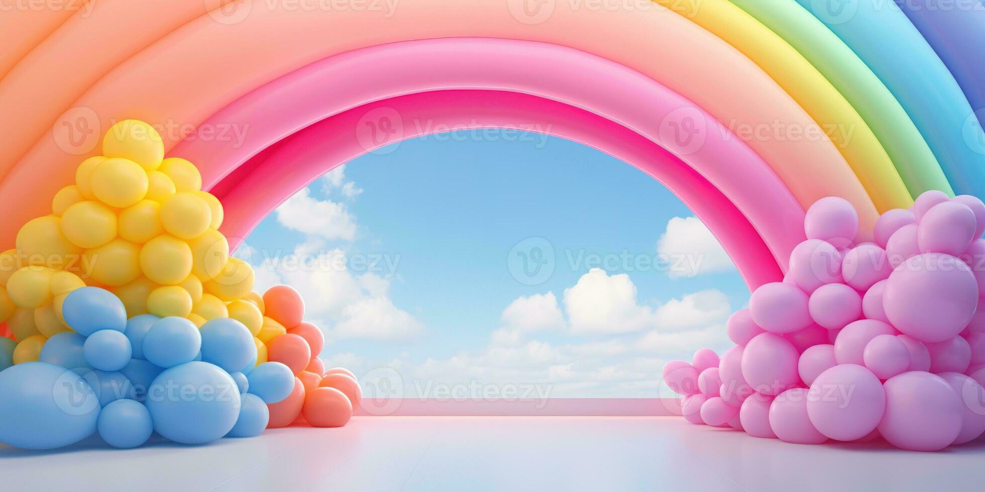 Generative AI, rainbow and colorful balloons. Birthday party 3d background. Mockup, template for greetiing card photo