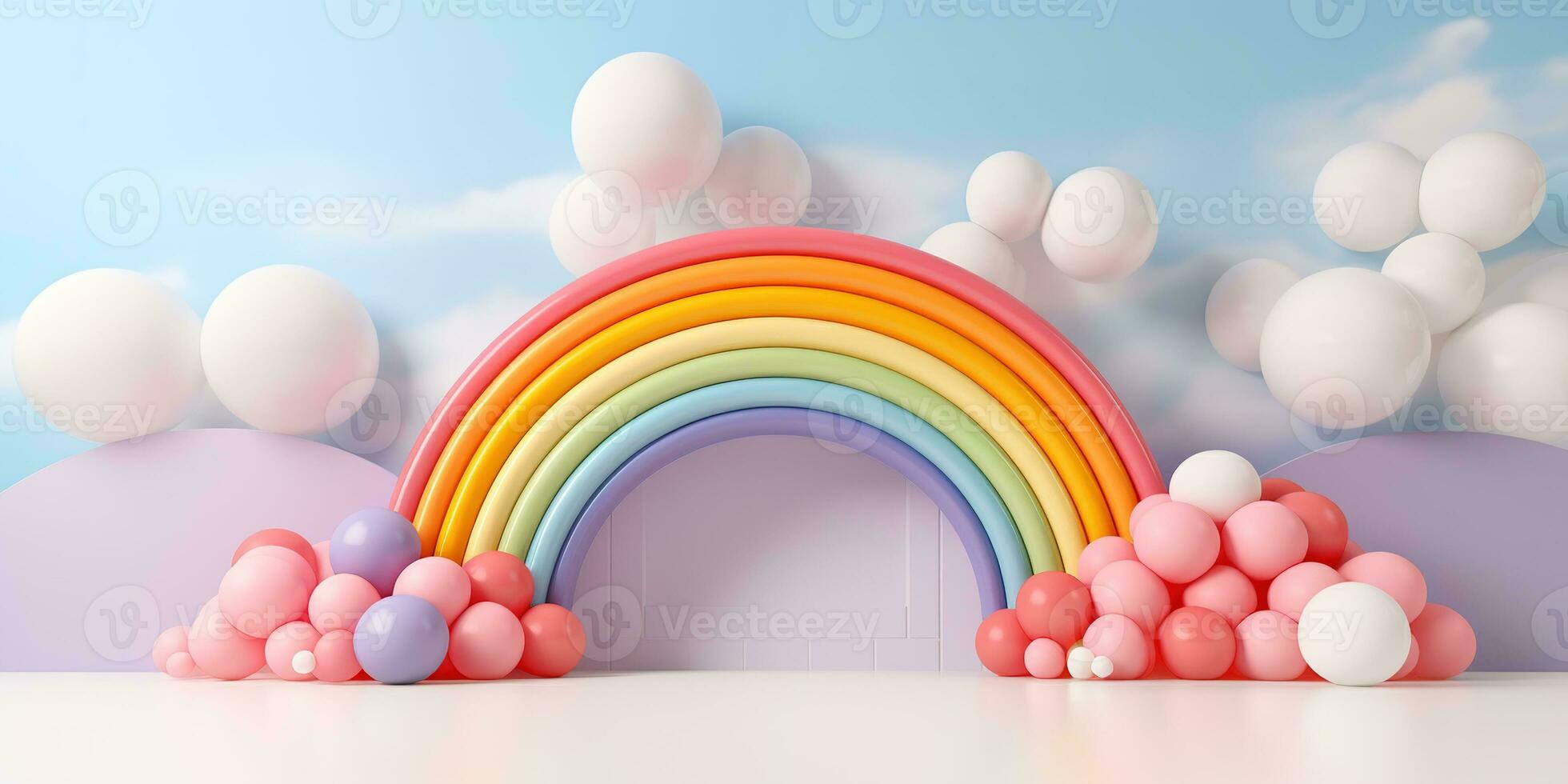 Generative AI, rainbow and colorful balloons. Birthday party 3d background. Mockup, template for greetiing card photo