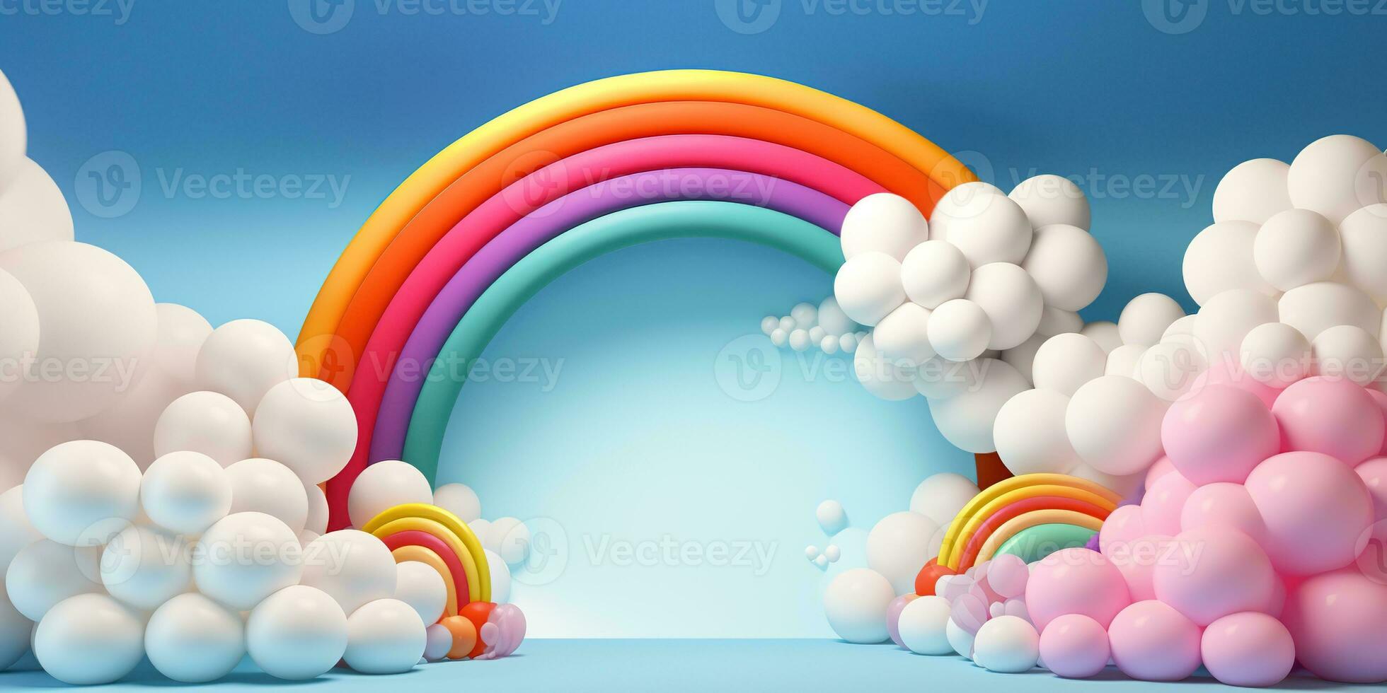 Generative AI, rainbow and colorful balloons. Birthday party 3d background. Mockup, template for greetiing card photo