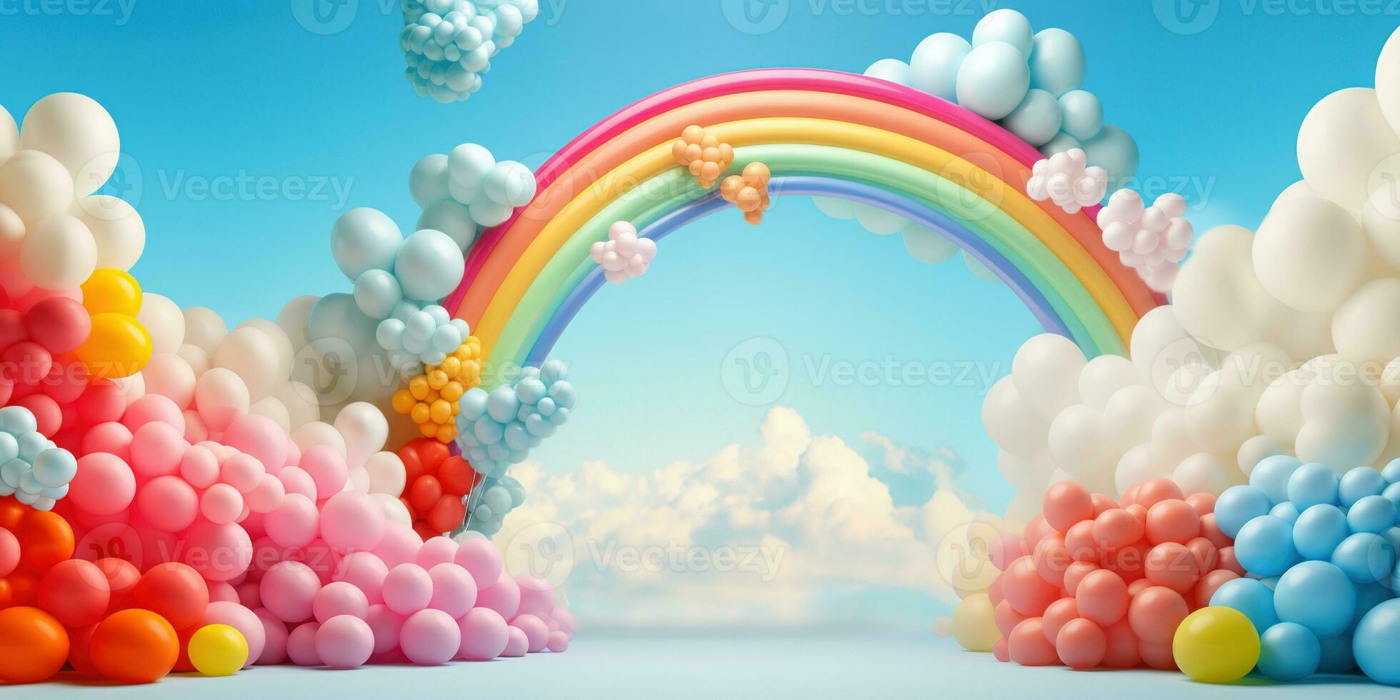 Generative AI, rainbow and colorful balloons. Birthday party 3d background. Mockup, template for greetiing card photo