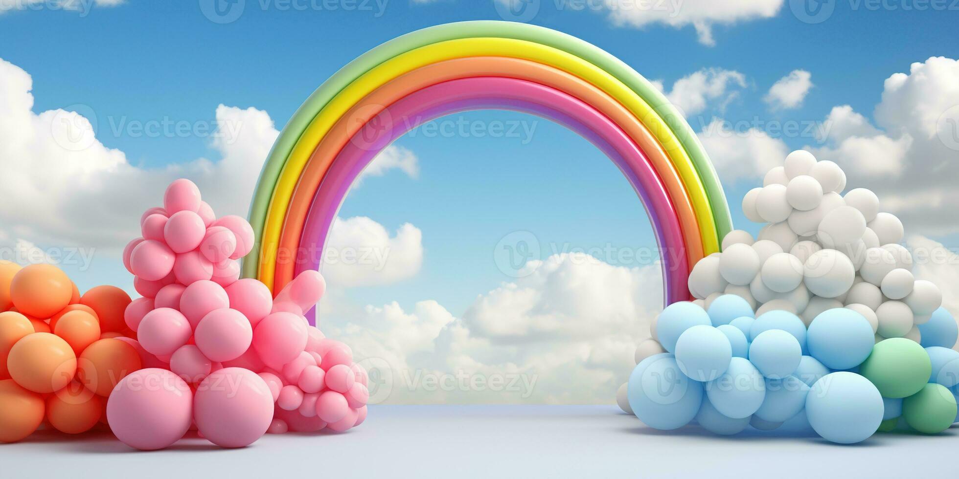 generativo ai, arco iris y vistoso globos cumpleaños fiesta 3d antecedentes. Bosquejo, modelo para saludo tarjeta foto