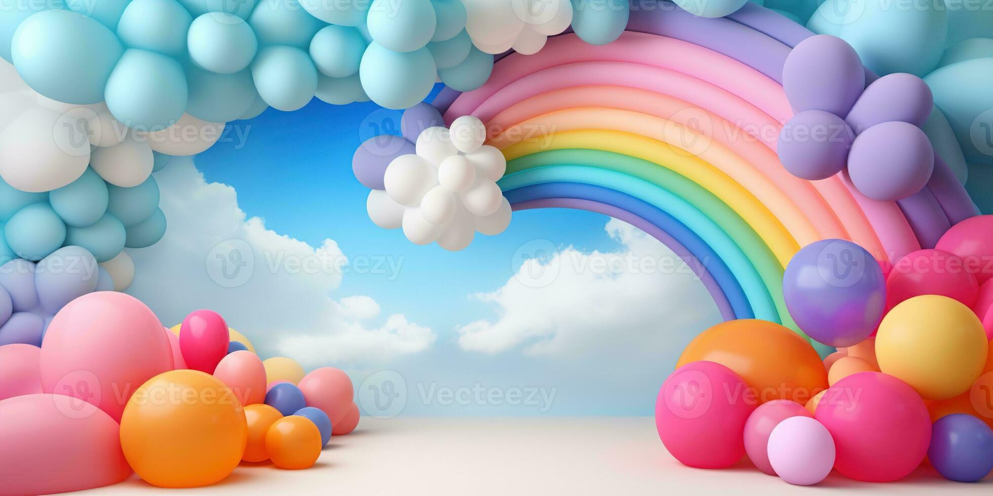 Generative AI, rainbow and colorful balloons. Birthday party 3d background. Mockup, template for greetiing card photo