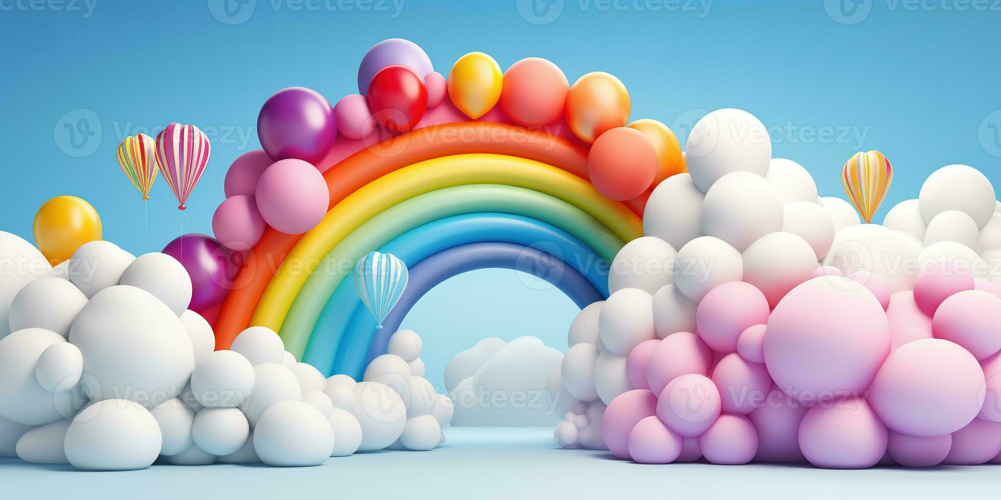 Generative AI, rainbow and colorful balloons. Birthday party 3d background. Mockup, template for greetiing card photo