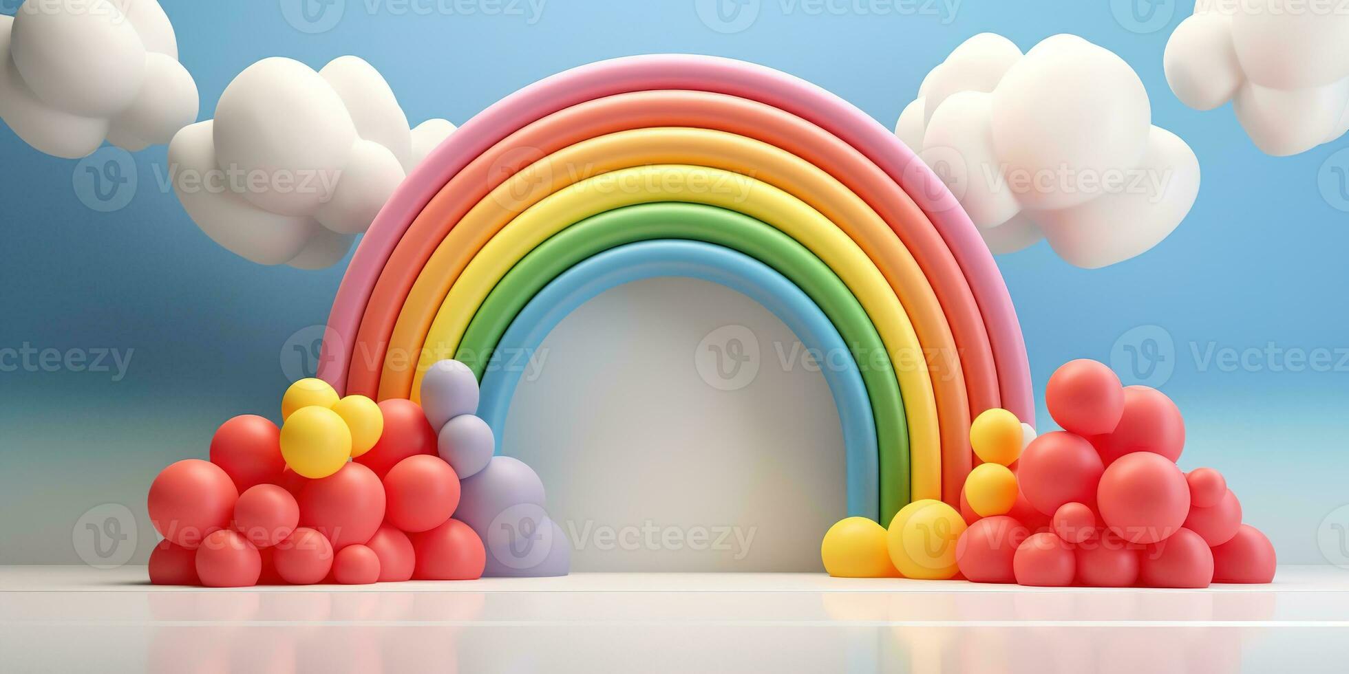 Generative AI, rainbow and colorful balloons. Birthday party 3d background. Mockup, template for greetiing card photo