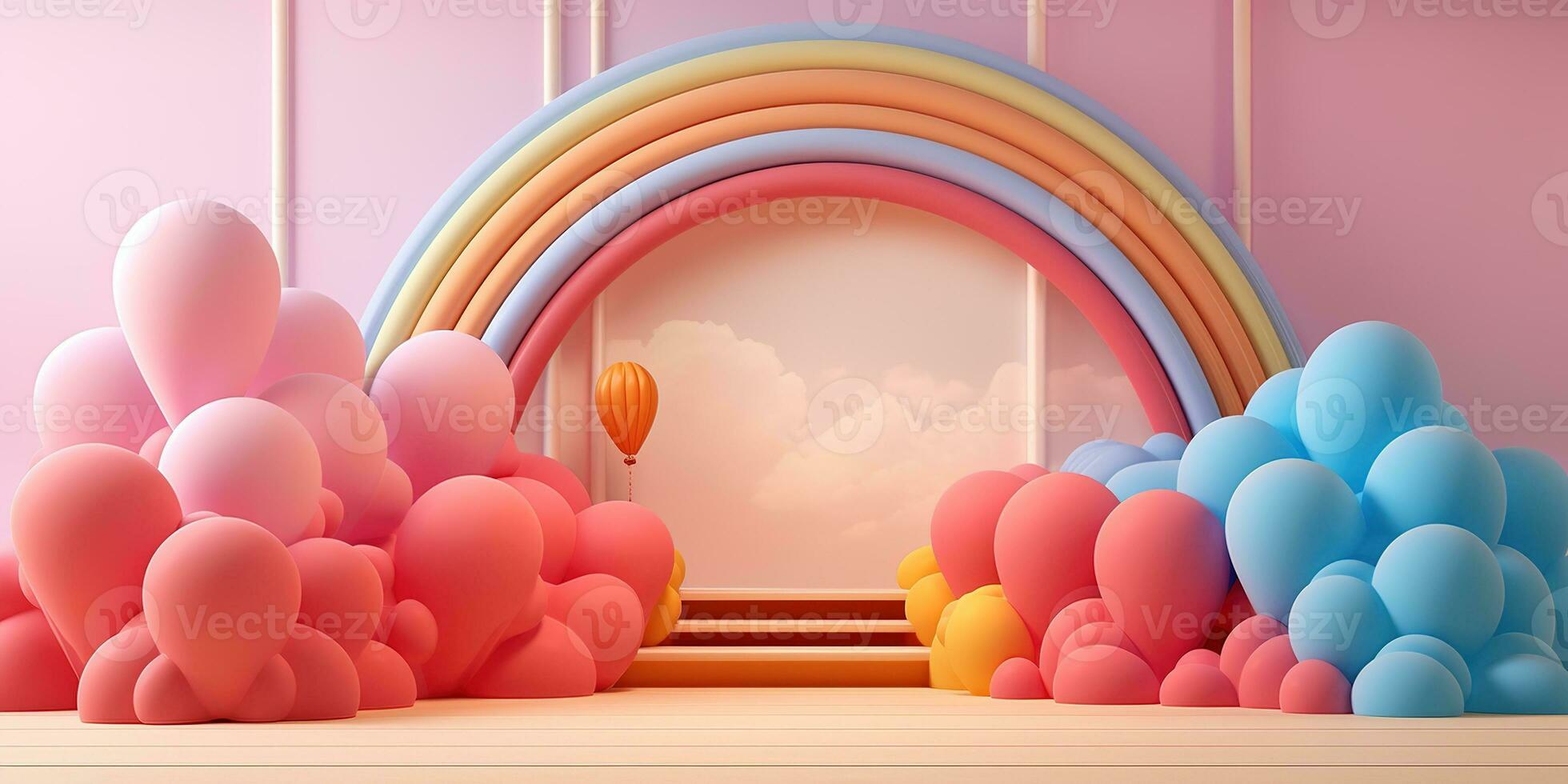 Generative AI, rainbow and colorful balloons. Birthday party 3d background. Mockup, template for greetiing card photo