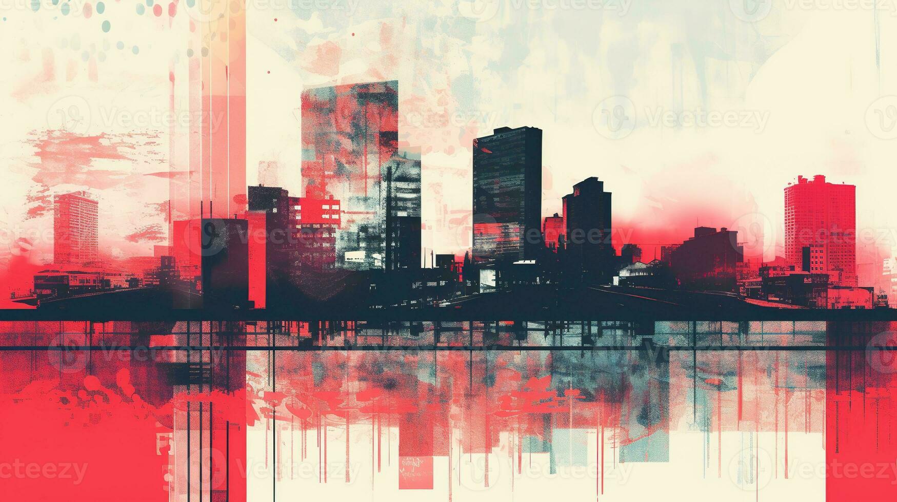 Generative AI, Poster with cityscape in risograph and glitch style, vivid colors photo