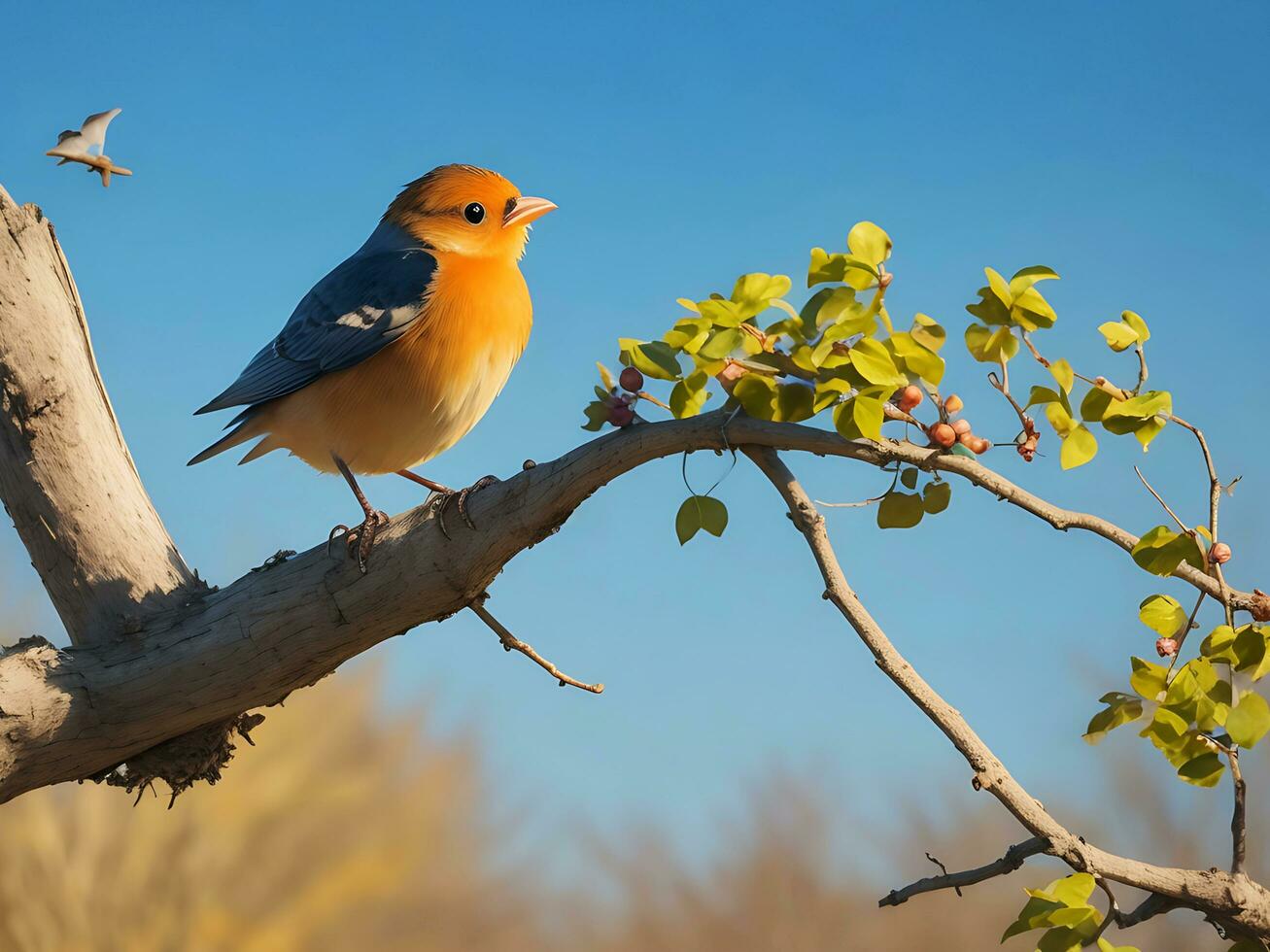 Natural panoramic bird sitting on branch, Ai generate photo