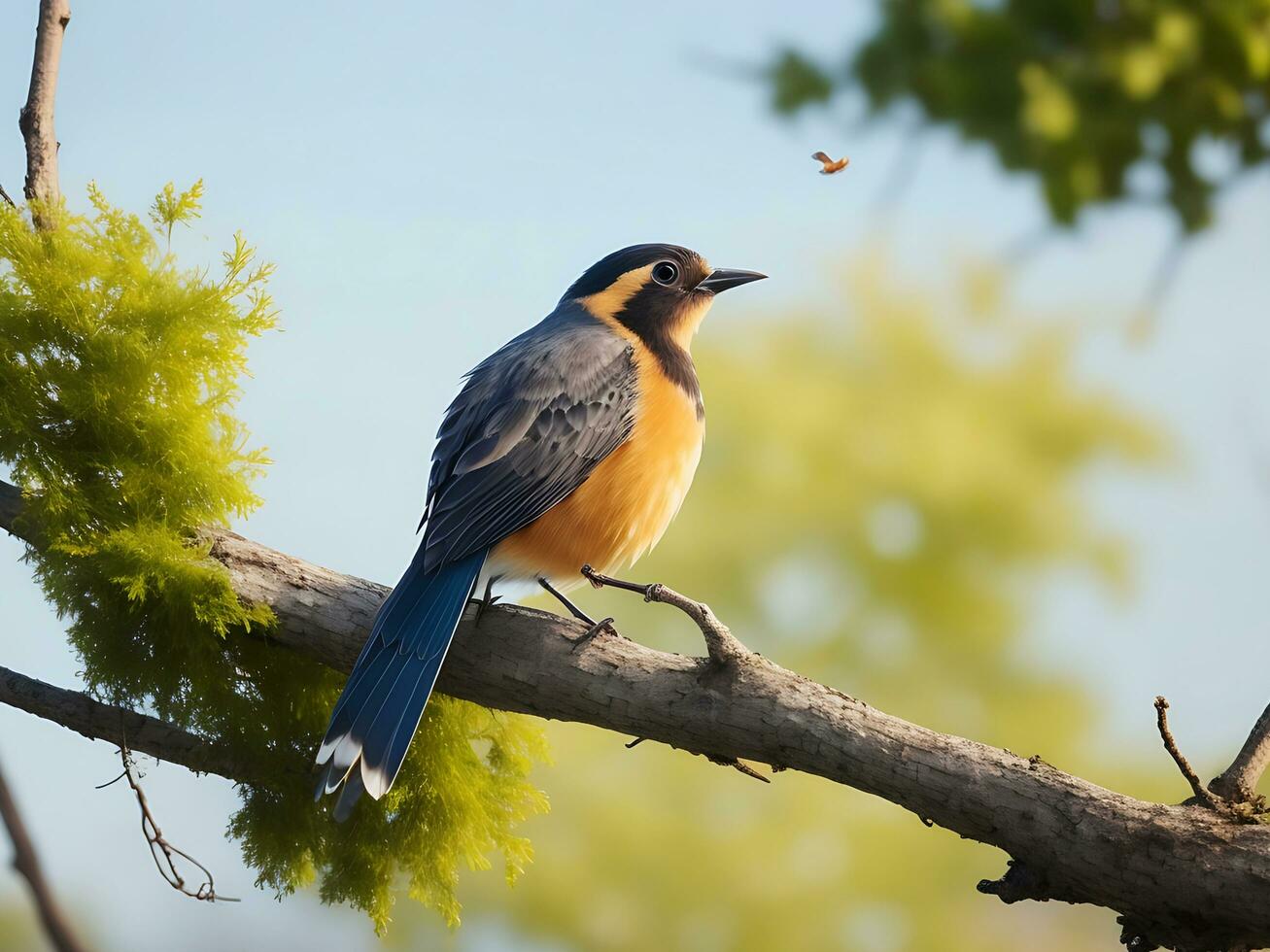 natural panorámico pájaro sentado en rama, ai generar foto