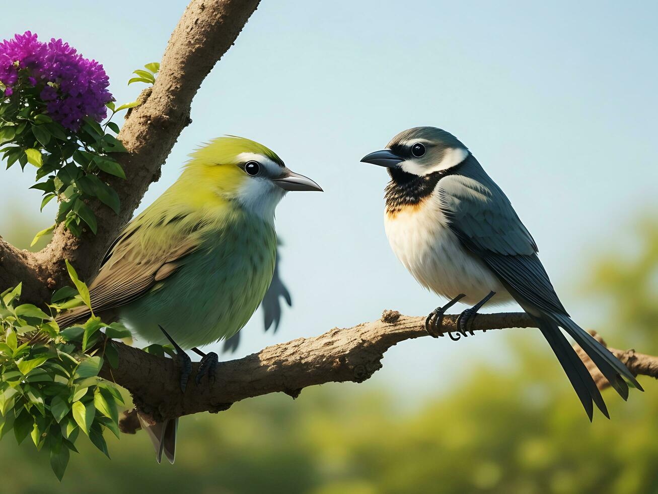 Natural panoramic bird sitting on branch, Ai generate photo