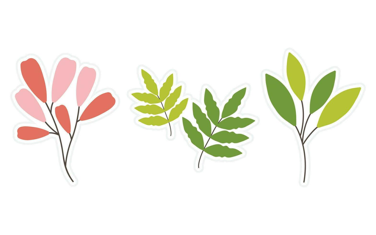 conjunto de flores, floral y hoja pegatinas elementos aislado en un blanco antecedentes. primavera pegatinas para álbum de recortes, planificador, saludo tarjeta y más. vector