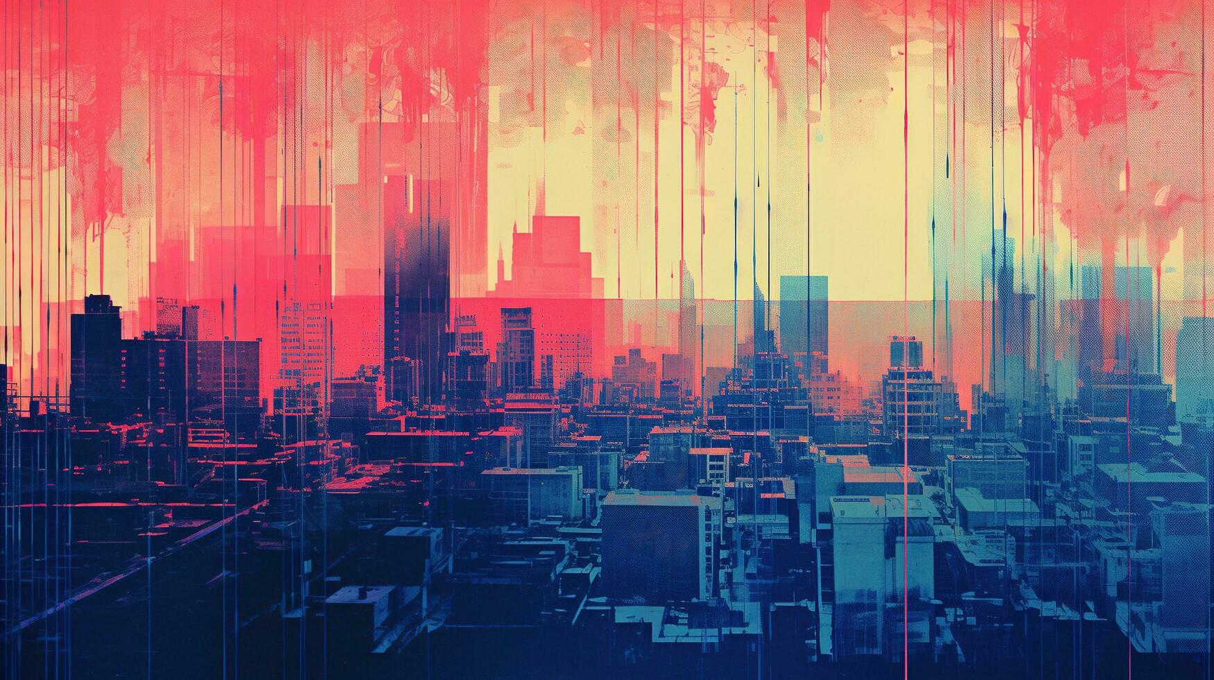 Generative AI, Poster with cityscape in risograph and glitch style, vivid colors photo