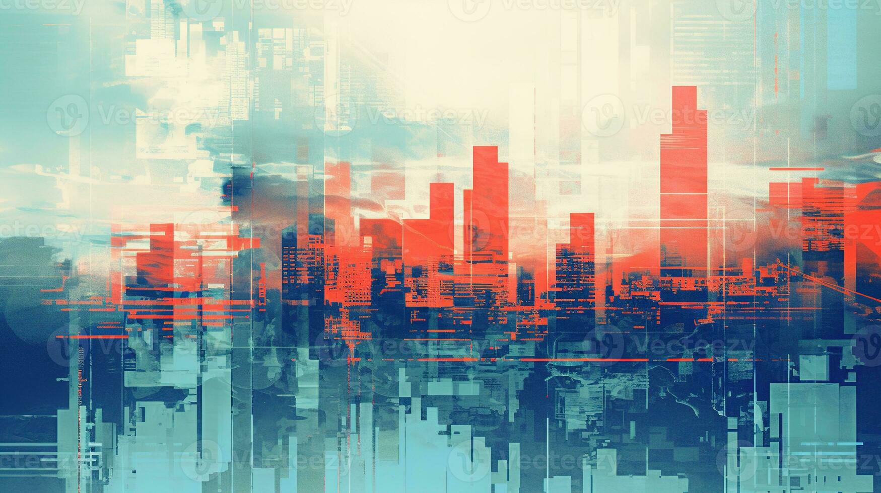 Generative AI, Poster with cityscape in risograph and glitch style, vivid colors photo