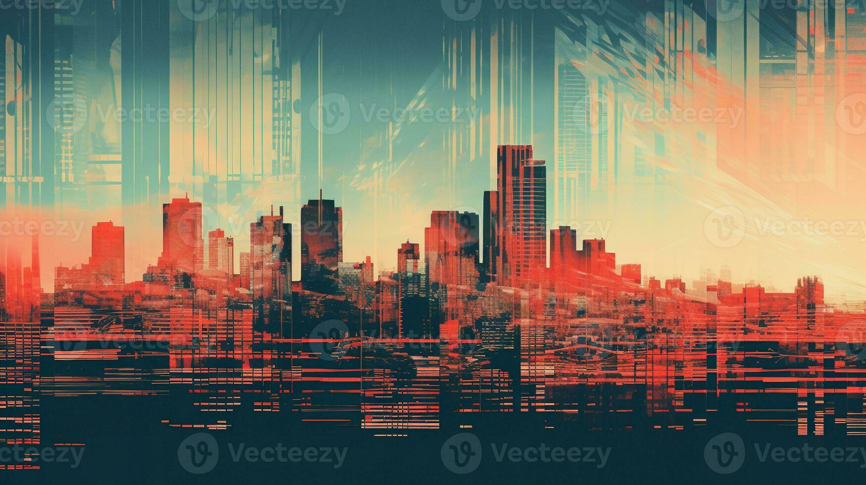 Generative AI, Poster with cityscape in risograph and glitch style, vivid colors photo