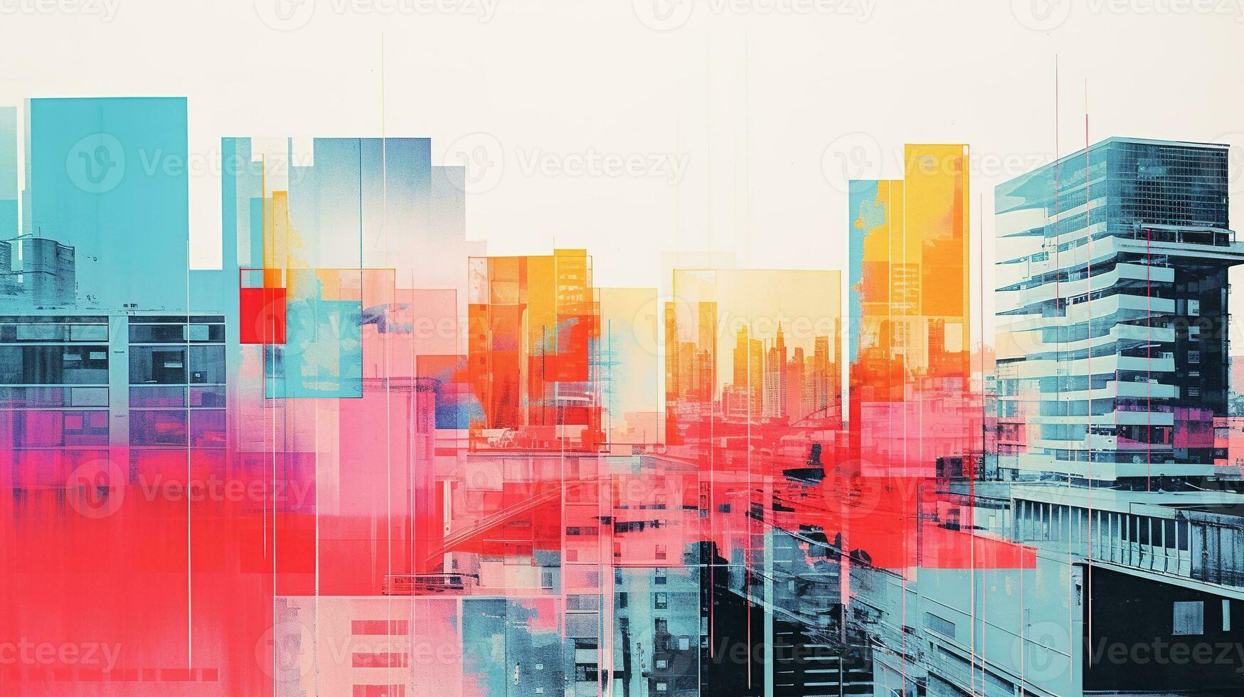 Generative AI, Poster with cityscape in risograph and glitch style, vivid colors photo
