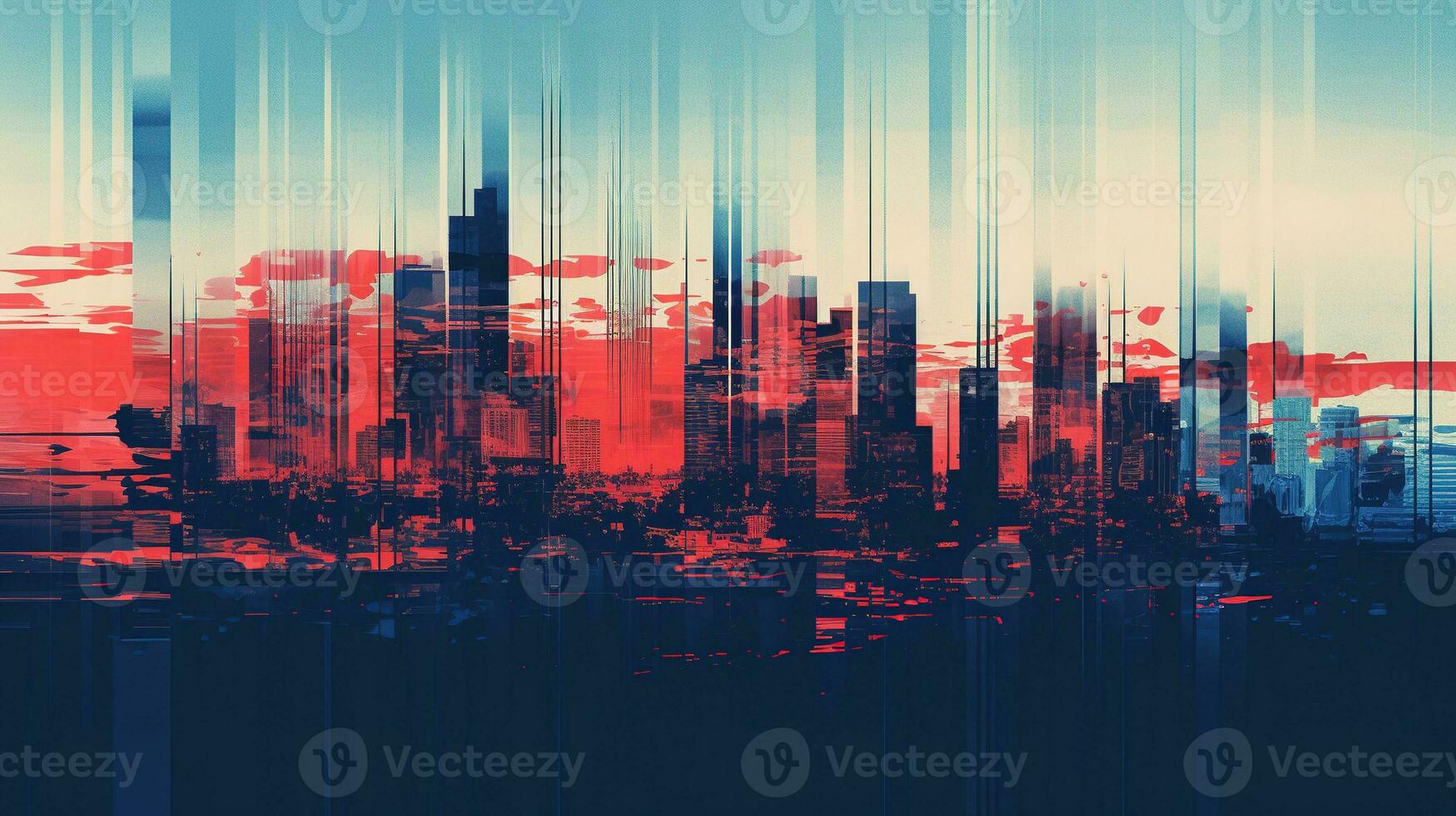 Generative AI, Poster with cityscape in risograph and glitch style, vivid colors photo