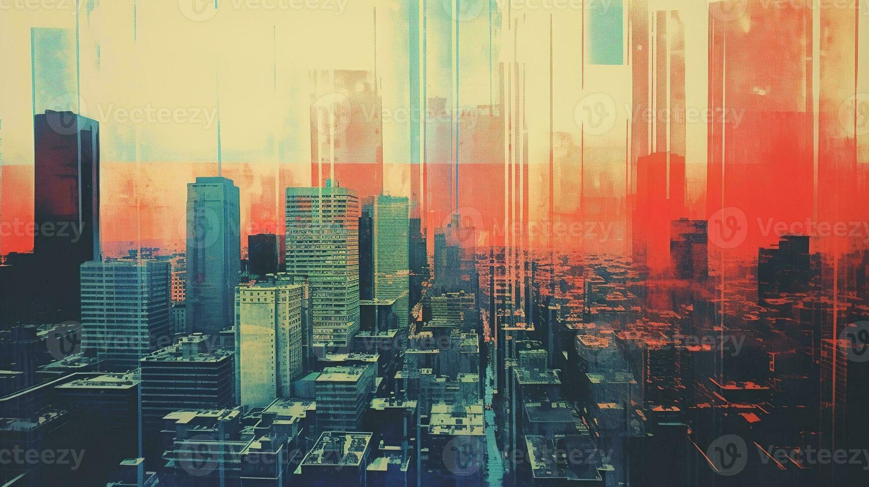 Generative AI, Poster with cityscape in risograph and glitch style, vivid colors photo