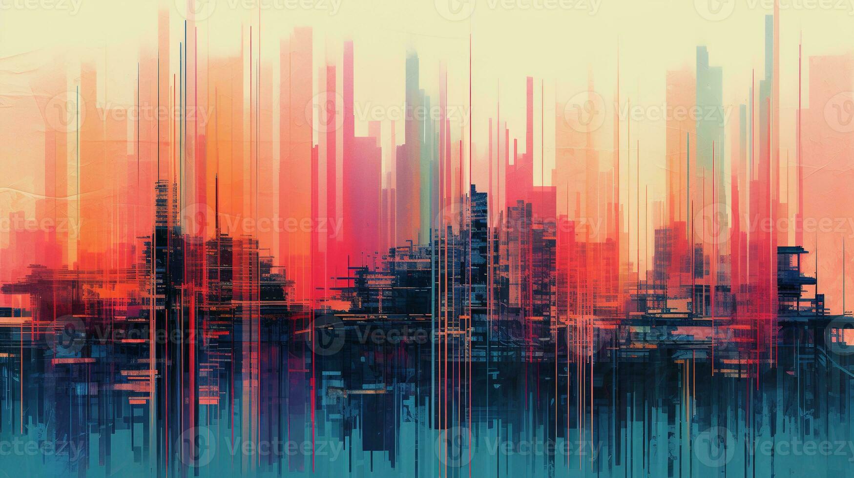 Generative AI, Poster with cityscape in risograph and glitch style, vivid colors photo