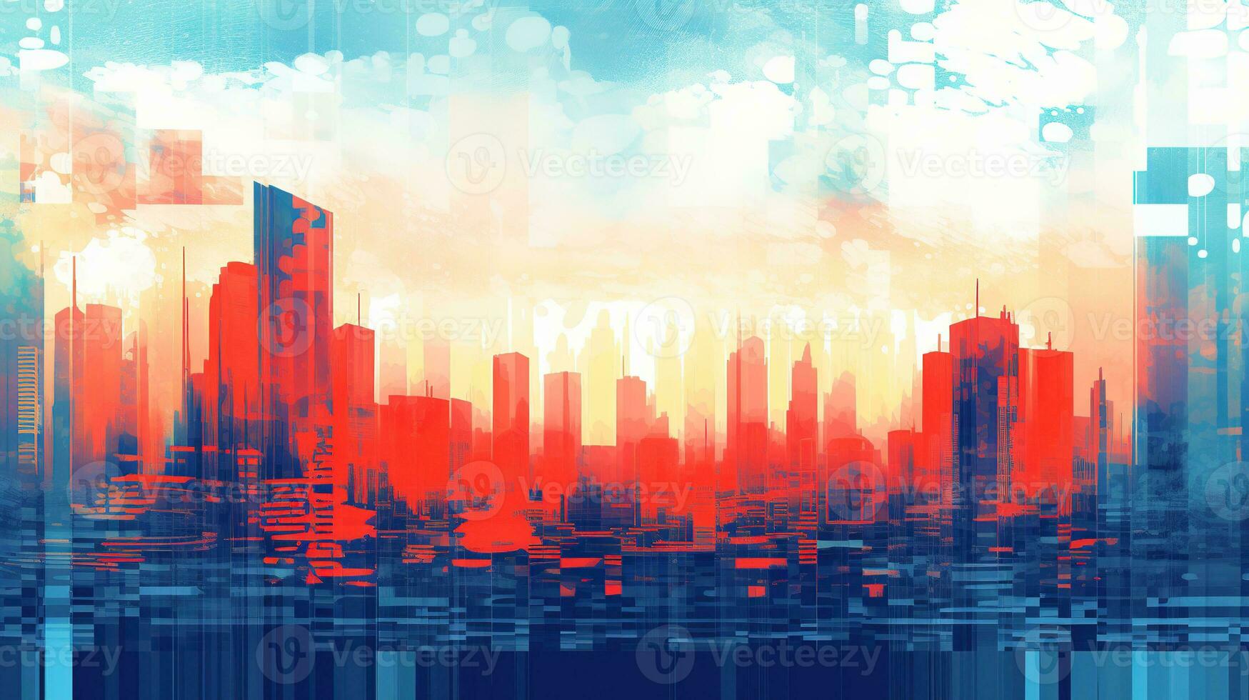 Generative AI, Poster with cityscape in risograph and glitch style, vivid colors photo