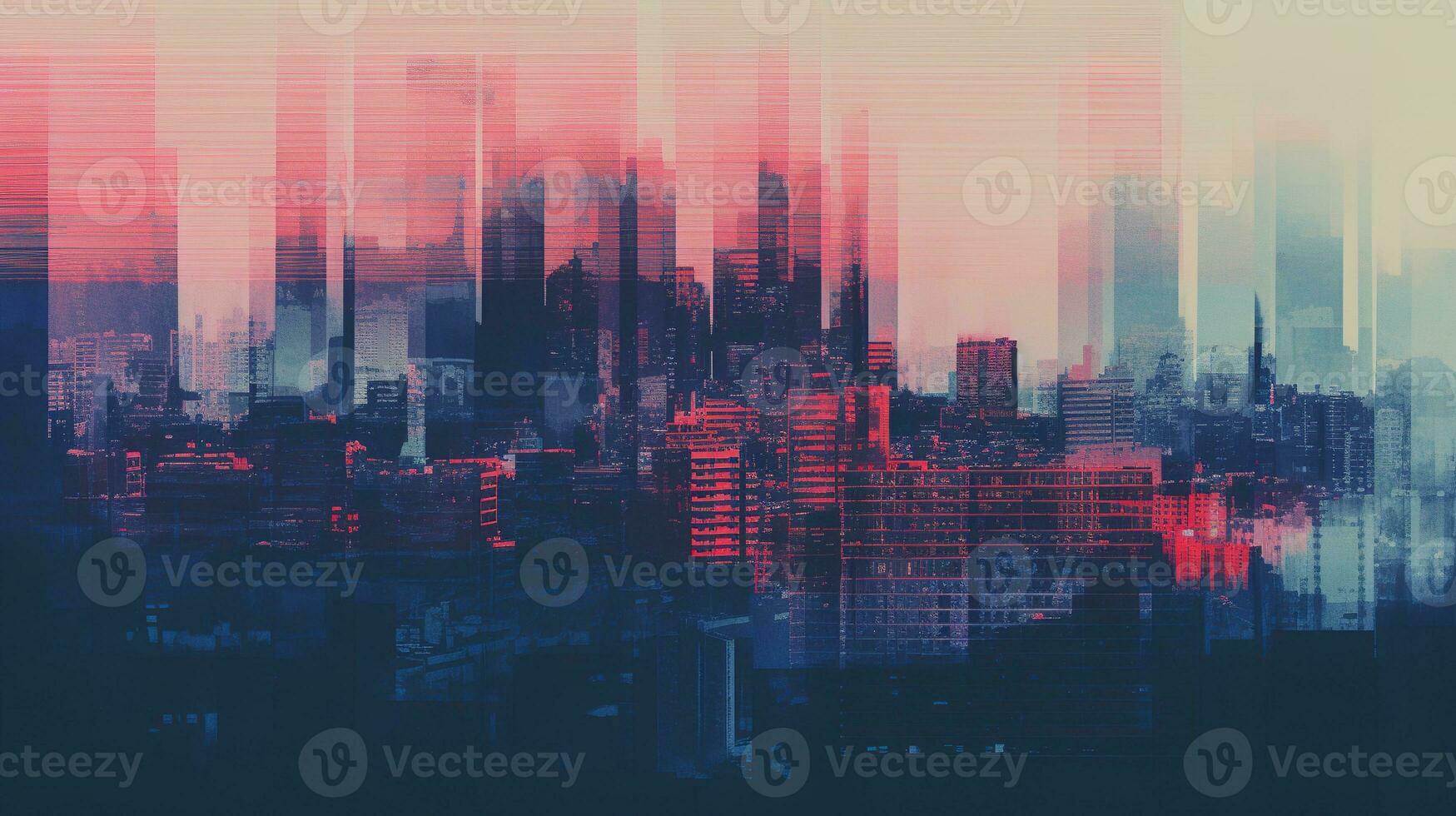 Generative AI, Poster with cityscape in risograph and glitch style, vivid colors photo