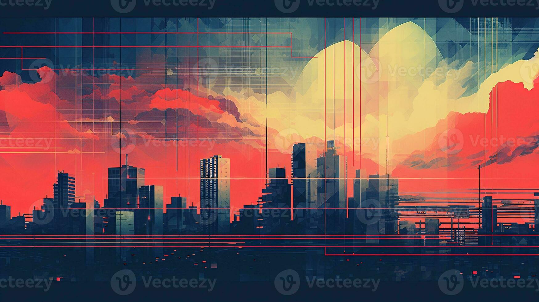 Generative AI, Poster with cityscape in risograph and glitch style, vivid colors photo