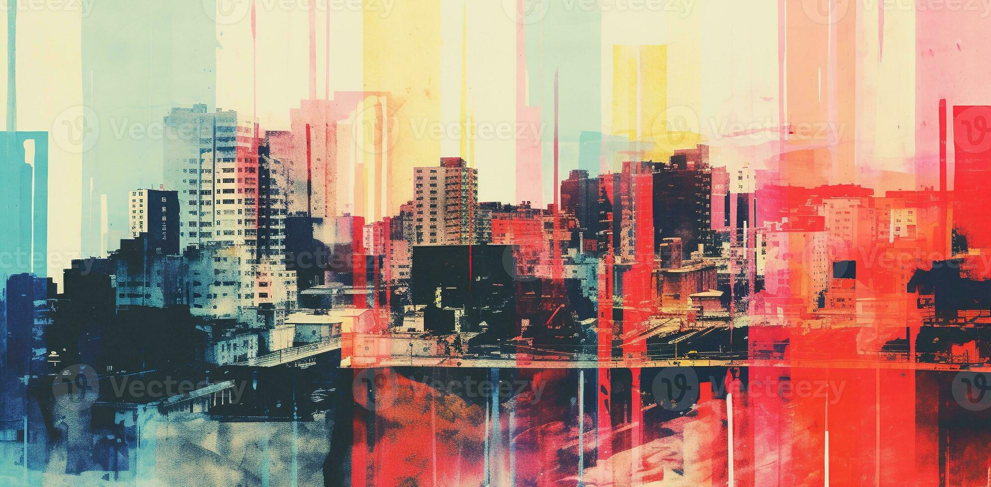 Generative AI, Poster with cityscape in risograph and glitch style, vivid colors photo