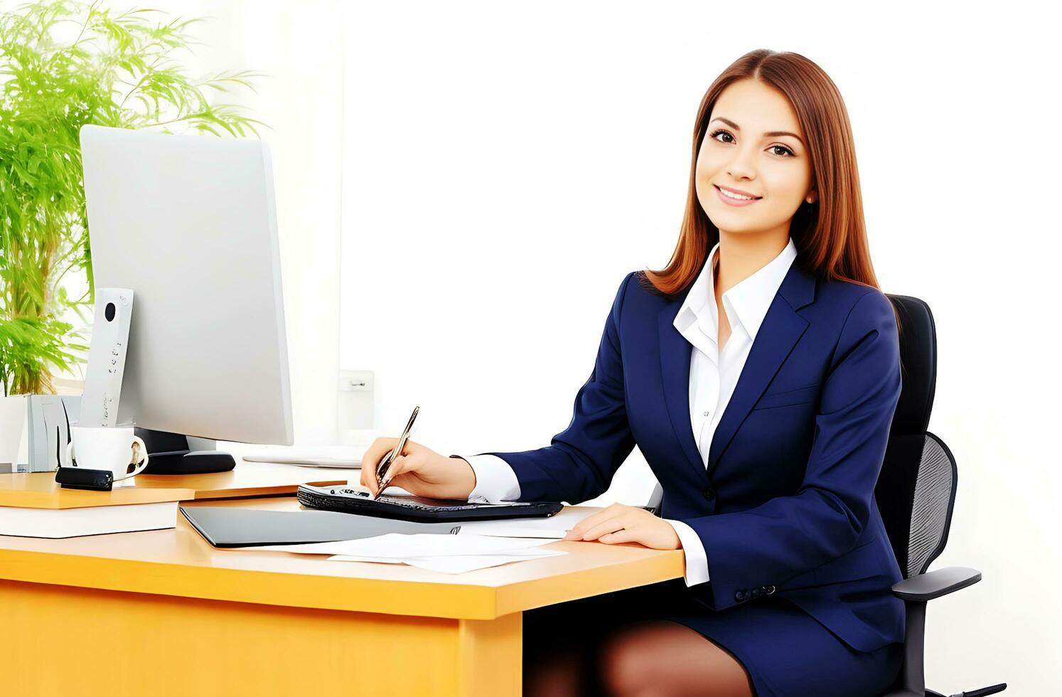 Young businesswoman sitting in office room, Generative ai photo