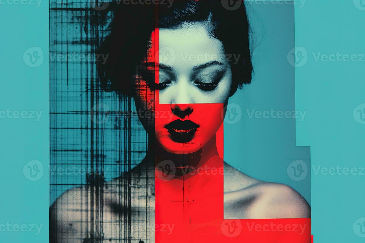 Generative AI, Poster with fashion woman face in risograph and glitch style, vivid colors photo