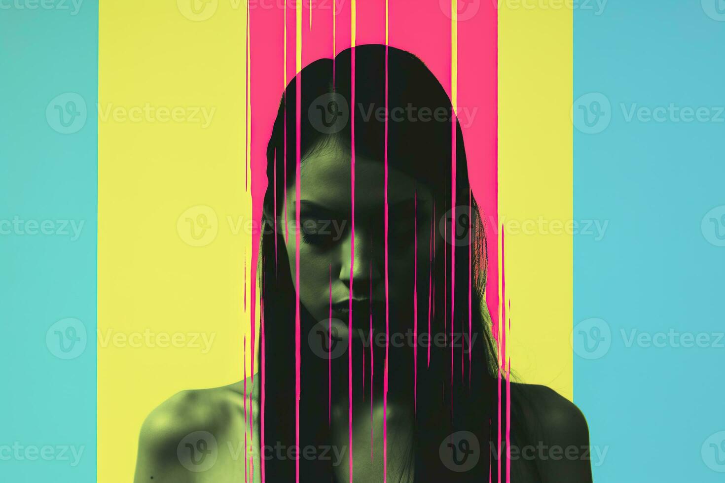 Generative AI, Poster with fashion woman face in risograph and glitch style, vivid colors photo