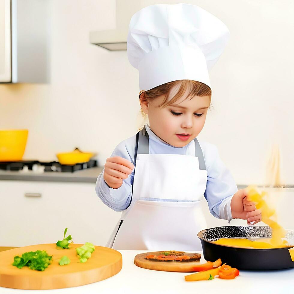 A little girl in an apron and chef's hat prepares food ai generate photo