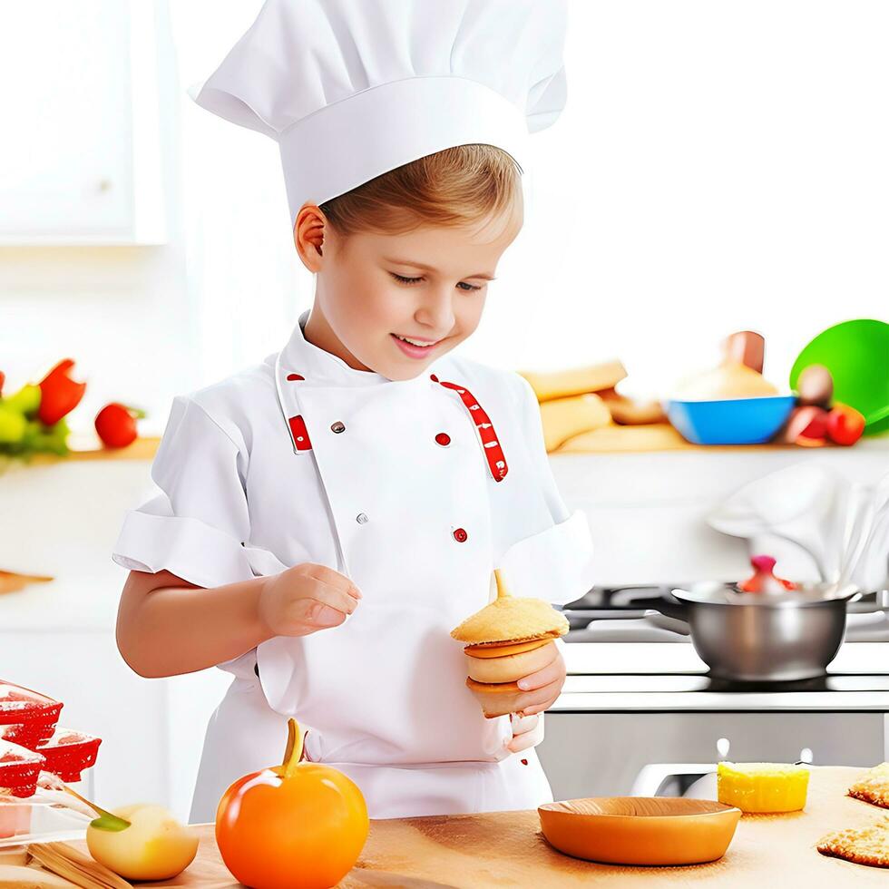 A little girl in an apron and chef's hat prepares food ai generate photo