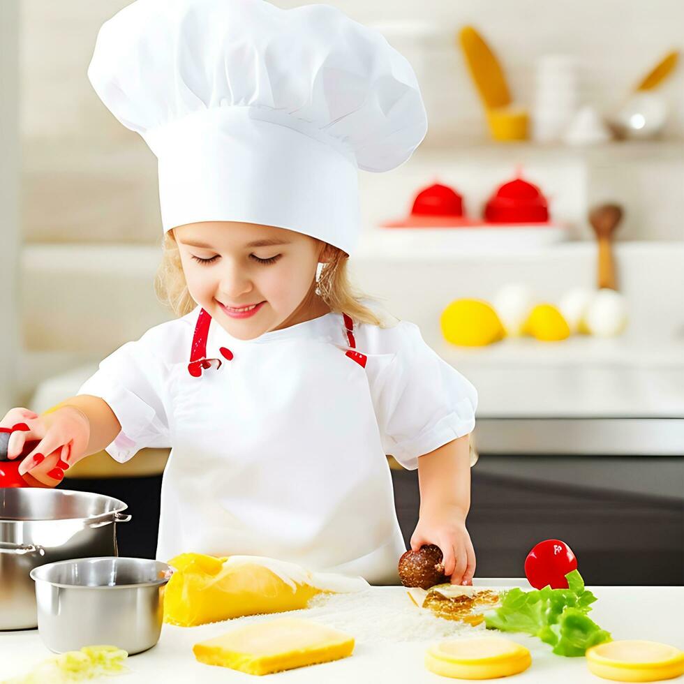 A little girl in an apron and chef's hat prepares food ai generate photo