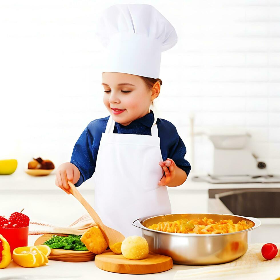 A little girl in an apron and chef's hat prepares food ai generate photo