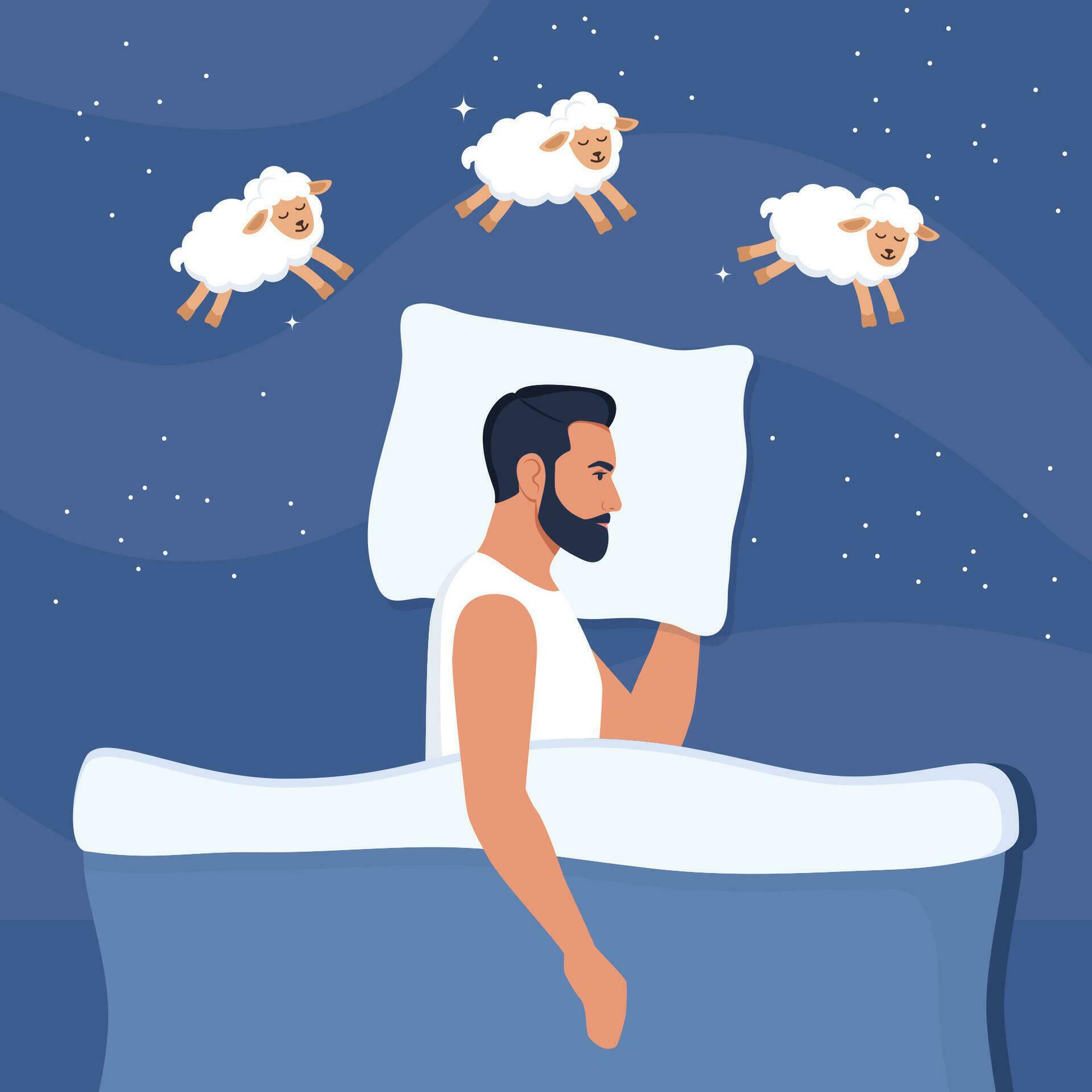 Man falls asleep, dreams, and counts sheep. Insomnia and sleep