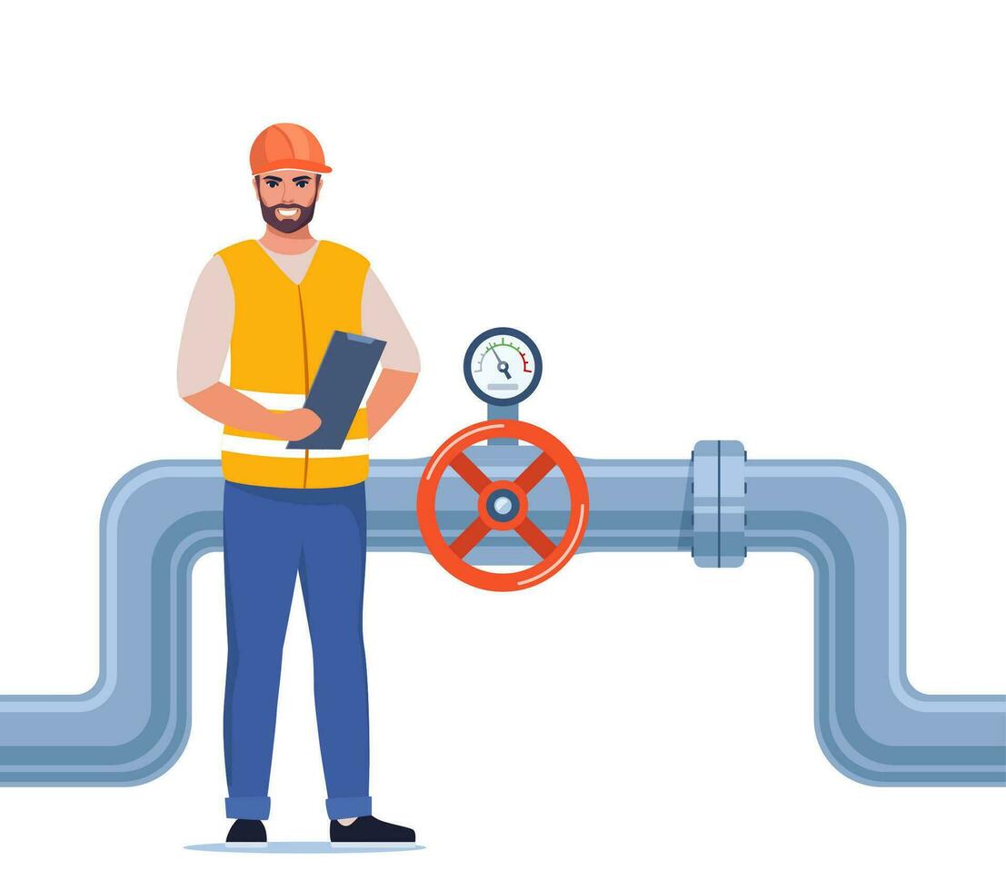 Engineer in workwear and protective helmet inspect petroleum or water pipelines. Valve and pressure gauge on the pipe. Oil, gas or water industry. Vector illustration.