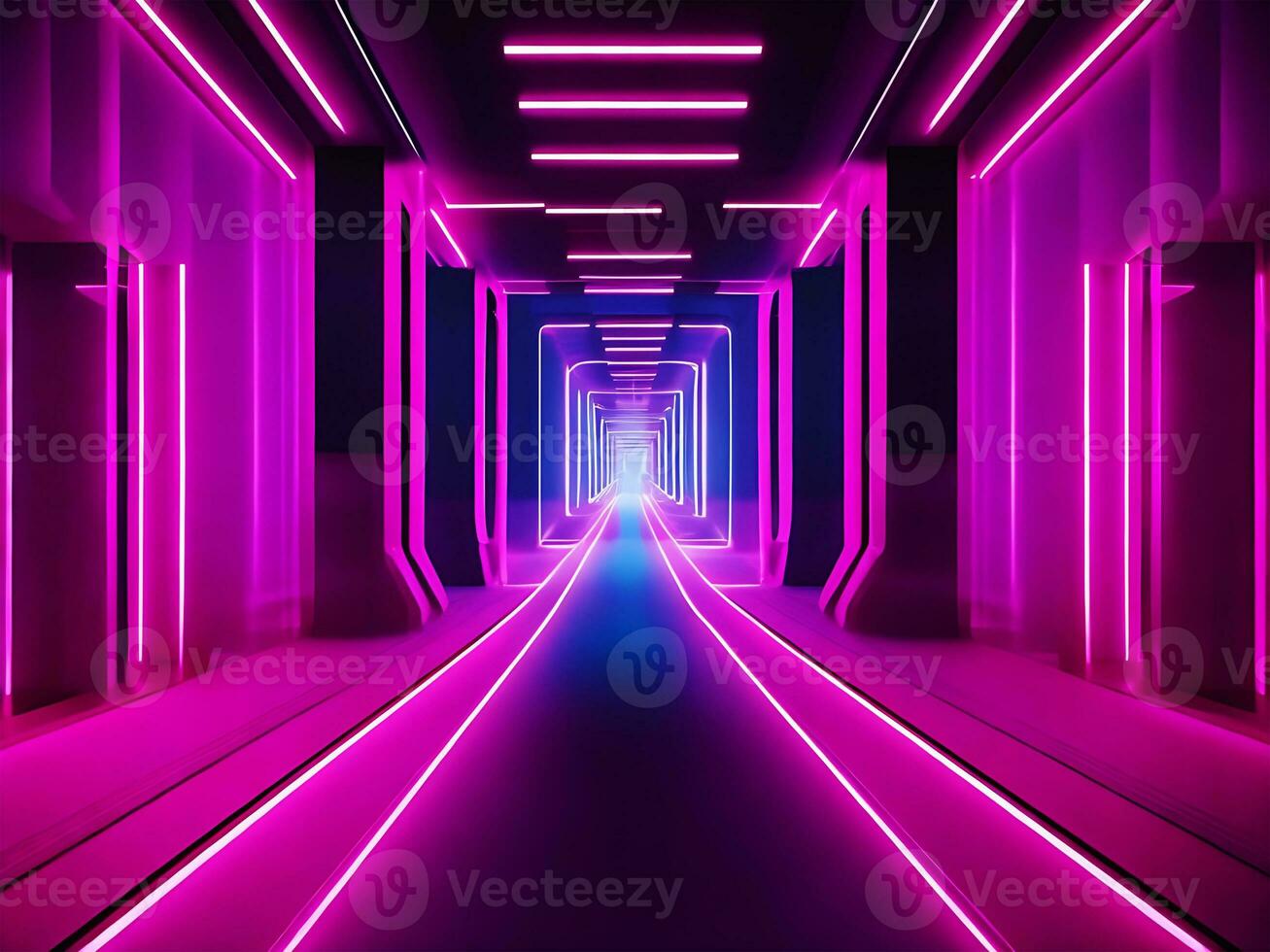 3d rendering, abstract neon background with pink glowing lines and floor reflection ai generate photo