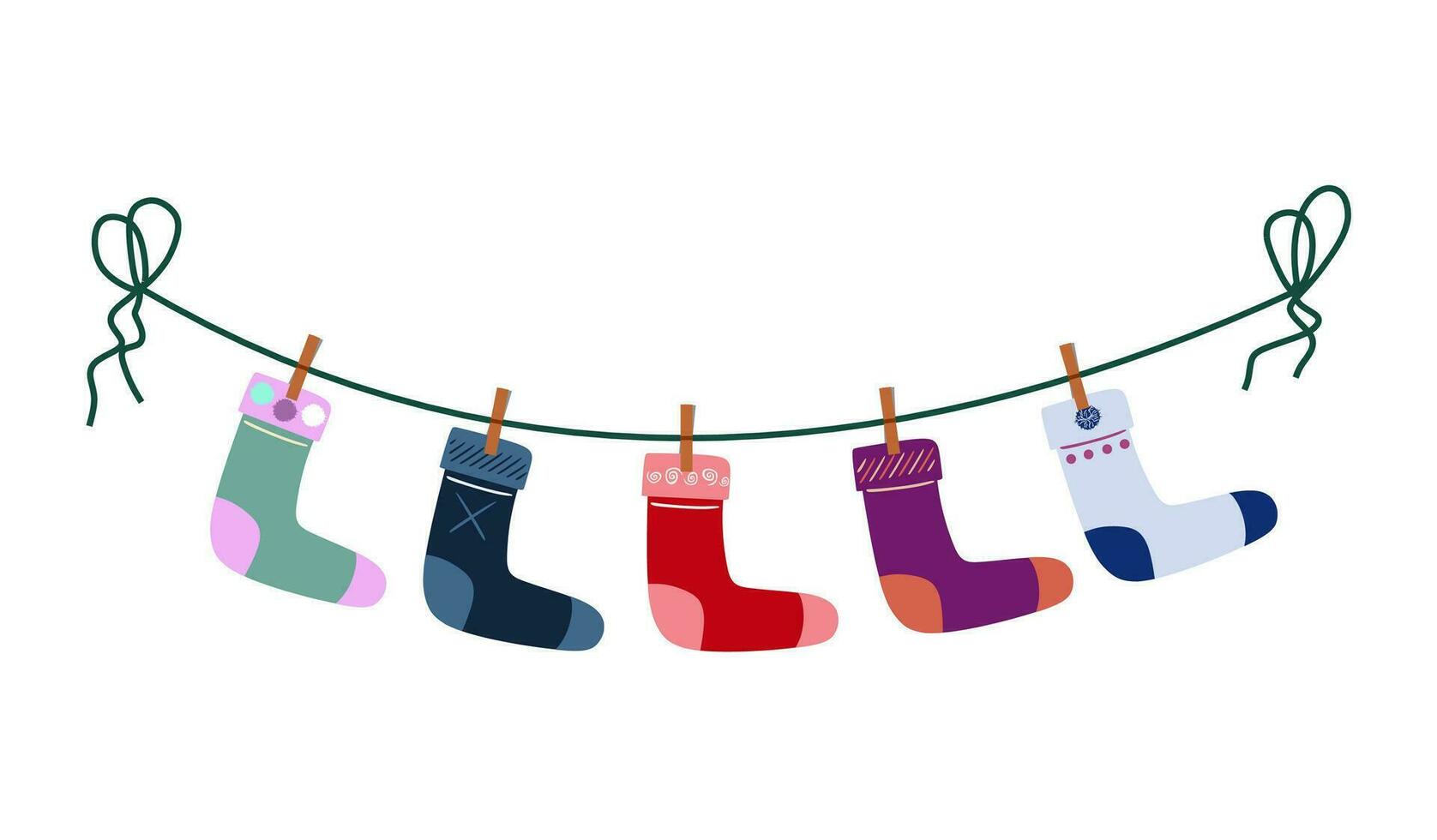 a set of children's socks are dried on a rope. flat vector illustration isolated on white background