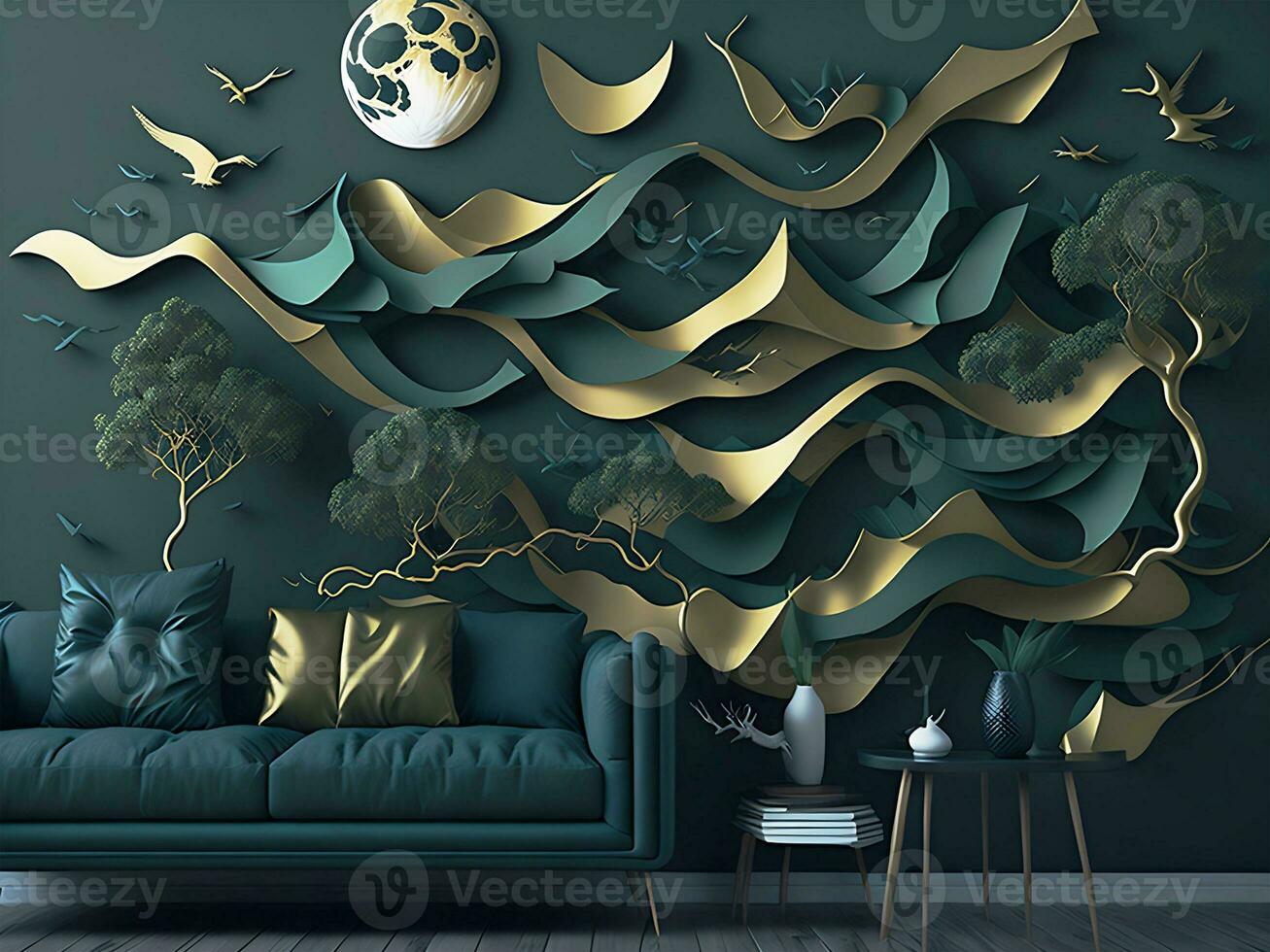 3d abstraction modern wall art decor wallpaper. golden deer animal with birds and trees, ai generate photo