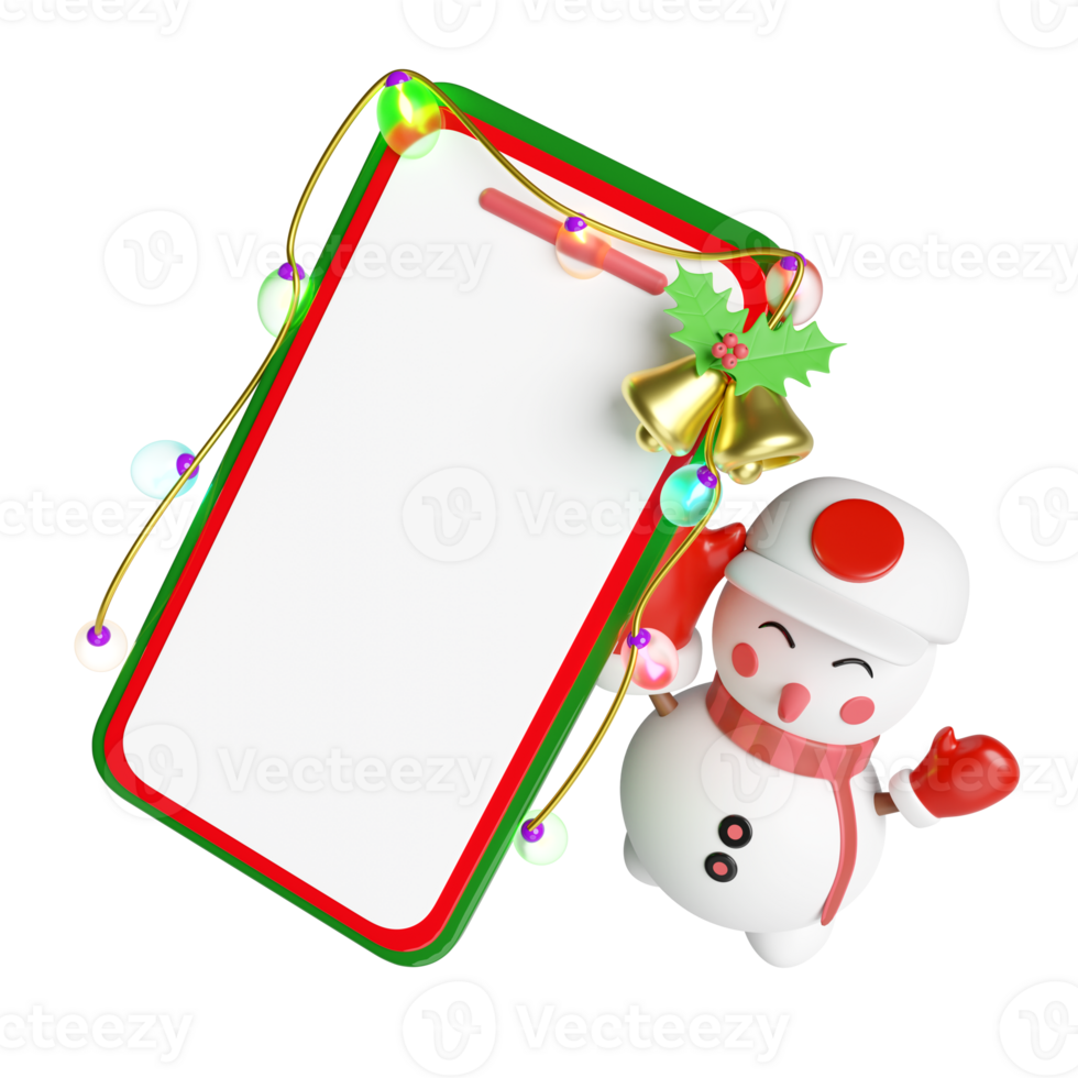 3d mobile Telefono, smartphone con pupazzo di neve, tintinnio campana, agrifoglio bacca foglie, bicchiere trasparente lampada, festa striscione. allegro Natale e contento nuovo anno, in linea acquisti, 3d rendere illustrazione png