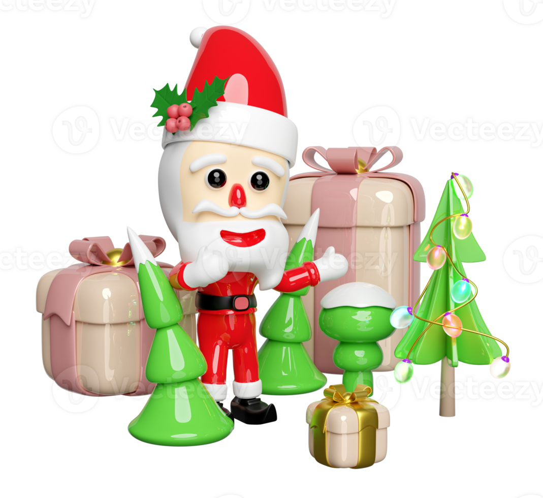 Santa Claus with christmas tree,  holly berry leaves, gift box, hat. merry christmas and happy new year, 3d render illustration png